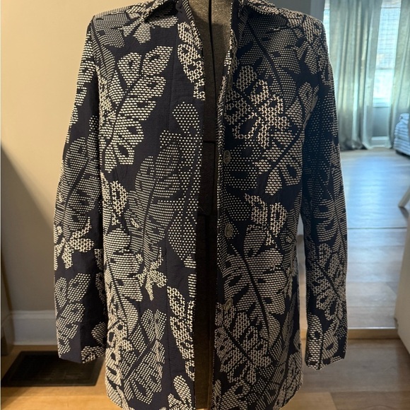J McLaughlin Hester Raffia Palm Leaf Jacket navy blue women’s size small - Picture 3 of 11